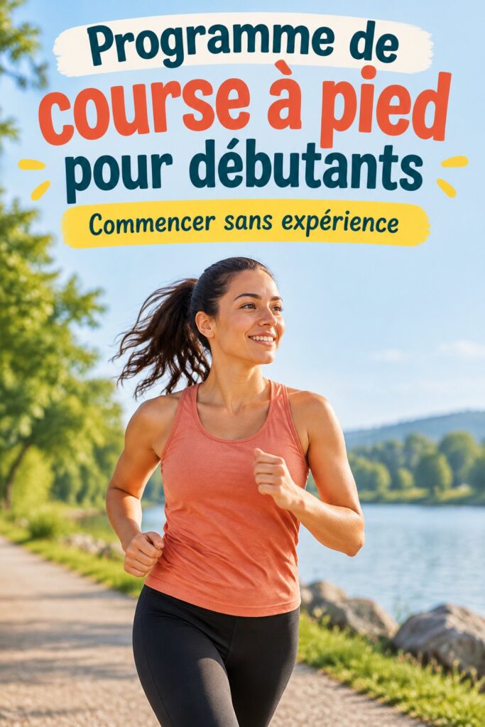 Femme courant dans un parc, souriant et plein d'énergie, illustration d'un programme de course pour débutantes